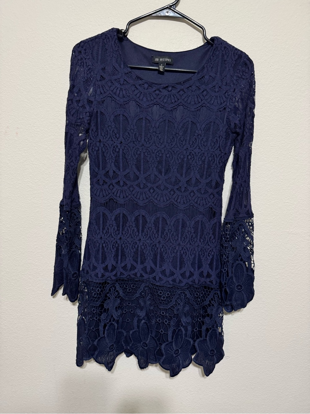 Jodi Kristopher Navy Blue Lace Long-Sleeve Dress with Floral Hem